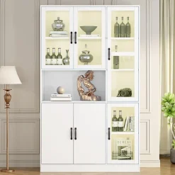Vitrine Moderne avec Éclairage LED 16 Couleurs, 6 Portes dont 4 en Acrylique, Meuble de Rangement pour Salon, Blanc, 120x40x200 cm