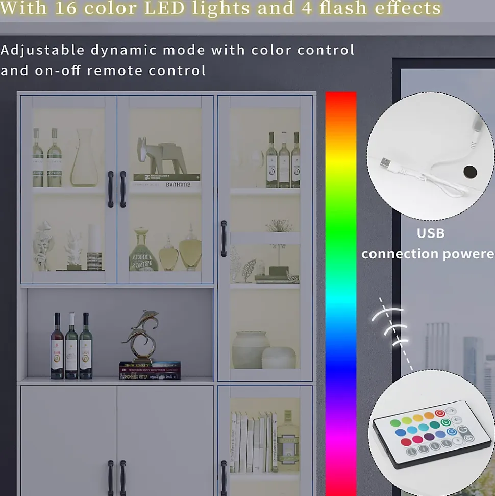 Vitrine Moderne avec Éclairage LED 16 Couleurs, 6 Portes dont 4 en Acrylique, Meuble de Rangement pour Salon, Blanc, 120x40x200 cm