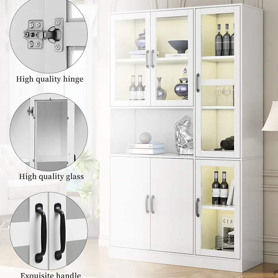 Vitrine Moderne avec Éclairage LED 16 Couleurs, 6 Portes dont 4 en Acrylique, Meuble de Rangement pour Salon, Blanc, 120x40x200 cm
