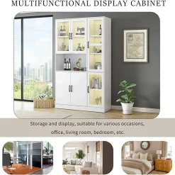 Vitrine Moderne avec Éclairage LED 16 Couleurs, 6 Portes dont 4 en Acrylique, Meuble de Rangement pour Salon, Blanc, 120x40x200 cm