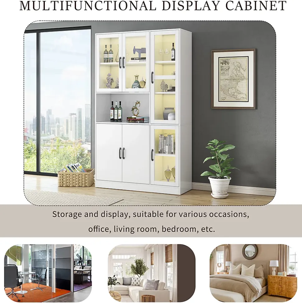 Vitrine Moderne avec Éclairage LED 16 Couleurs, 6 Portes dont 4 en Acrylique, Meuble de Rangement pour Salon, Blanc, 120x40x200 cm