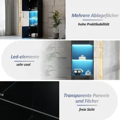 Vitrine Moderne avec Éclairage LED - 1 Étagère en Verre, Meuble de Rangement avec Portes, 45x35x160 cm - Noir