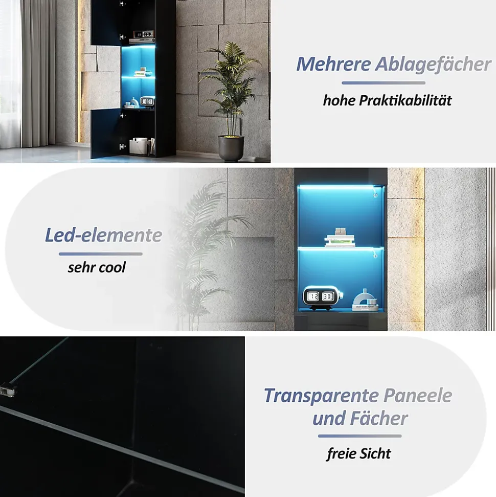 Vitrine Moderne avec Éclairage LED - 1 Étagère en Verre, Meuble de Rangement avec Portes, 45x35x160 cm - Noir