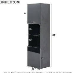 Vitrine Moderne avec Éclairage LED - 1 Étagère en Verre, Meuble de Rangement avec Portes, 45x35x160 cm - Noir