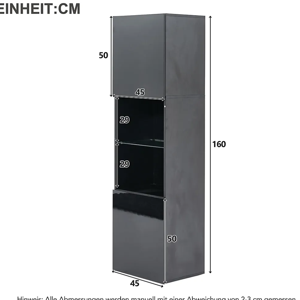 Vitrine Moderne avec Éclairage LED - 1 Étagère en Verre, Meuble de Rangement avec Portes, 45x35x160 cm - Noir