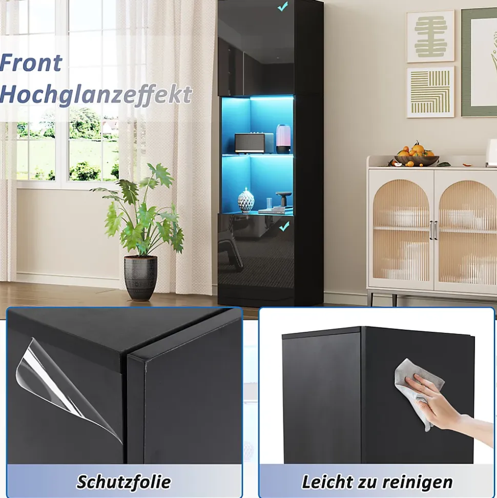 Vitrine Moderne avec Éclairage LED - 1 Étagère en Verre, Meuble de Rangement avec Portes, 45x35x160 cm - Noir
