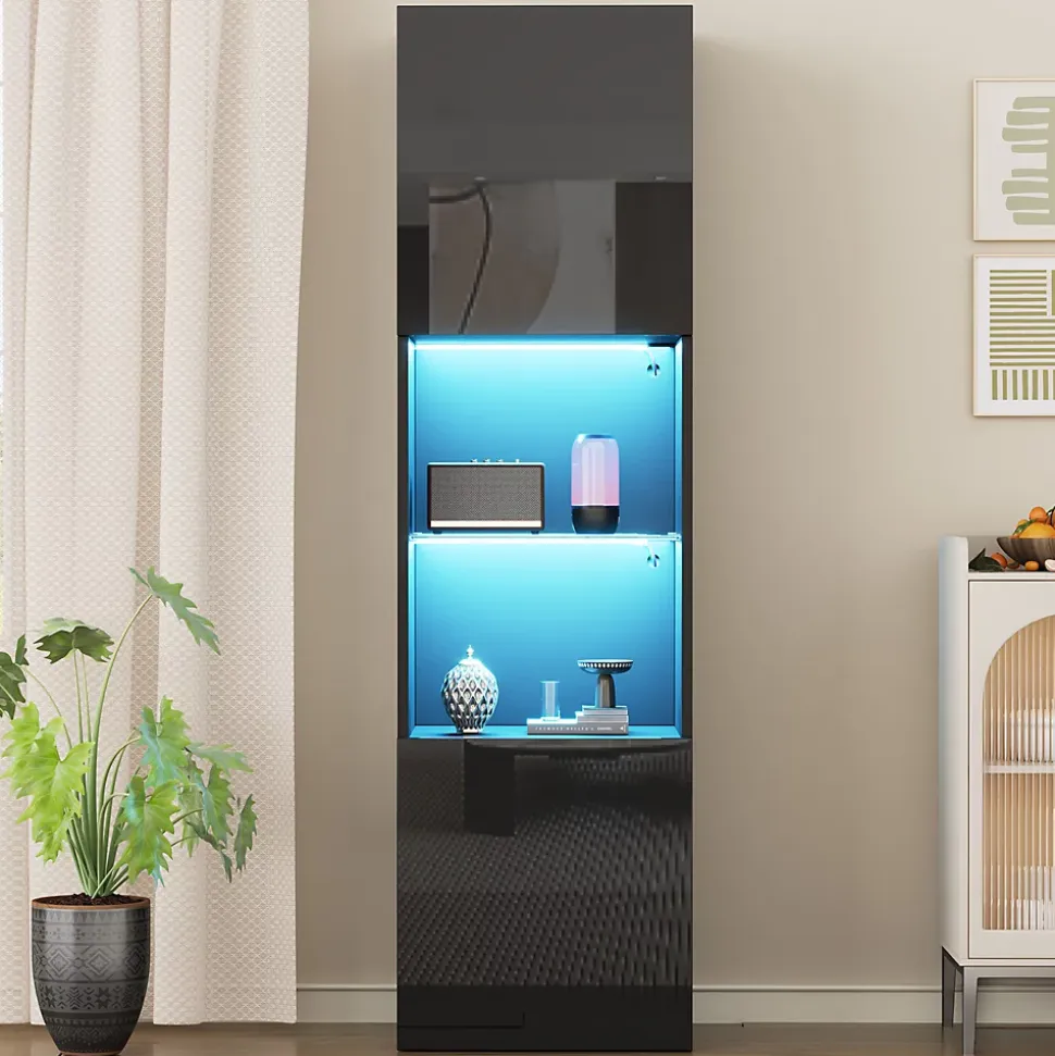 Vitrine Moderne avec Éclairage LED - 1 Étagère en Verre, Meuble de Rangement avec Portes, 45x35x160 cm - Noir