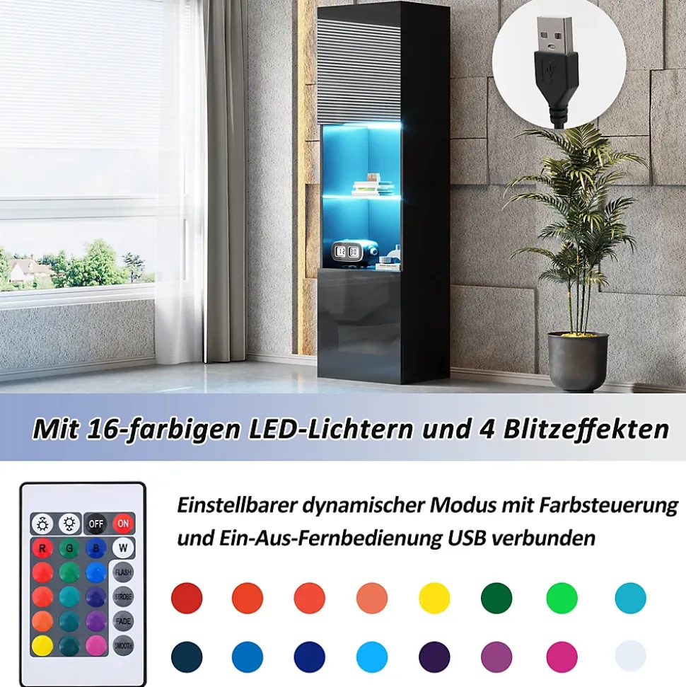 Vitrine Moderne avec Éclairage LED - 1 Étagère en Verre, Meuble de Rangement avec Portes, 45x35x160 cm - Noir
