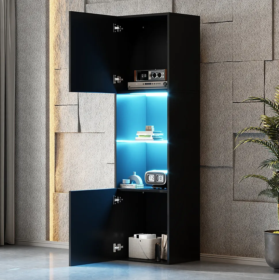 Vitrine Moderne avec Éclairage LED - 1 Étagère en Verre, Meuble de Rangement avec Portes, 45x35x160 cm - Noir