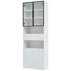 Vitrine Moderne LED avec Tiroir et 2 Armoires, Bibliothèque et Plateformes Ouvertes, 70x30x200 cm, Blanc