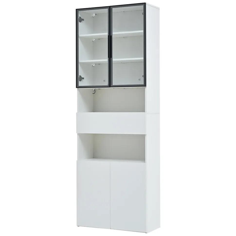 Vitrine Moderne LED avec Tiroir et 2 Armoires, Bibliothèque et Plateformes Ouvertes, 70x30x200 cm, Blanc
