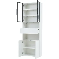 Vitrine Moderne LED avec Tiroir et 2 Armoires, Bibliothèque et Plateformes Ouvertes, 70x30x200 cm, Blanc