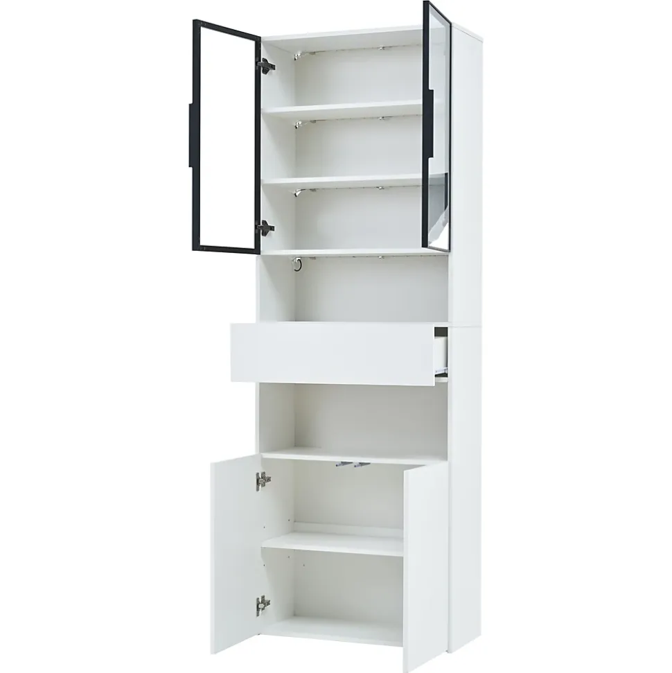 Vitrine Moderne LED avec Tiroir et 2 Armoires, Bibliothèque et Plateformes Ouvertes, 70x30x200 cm, Blanc