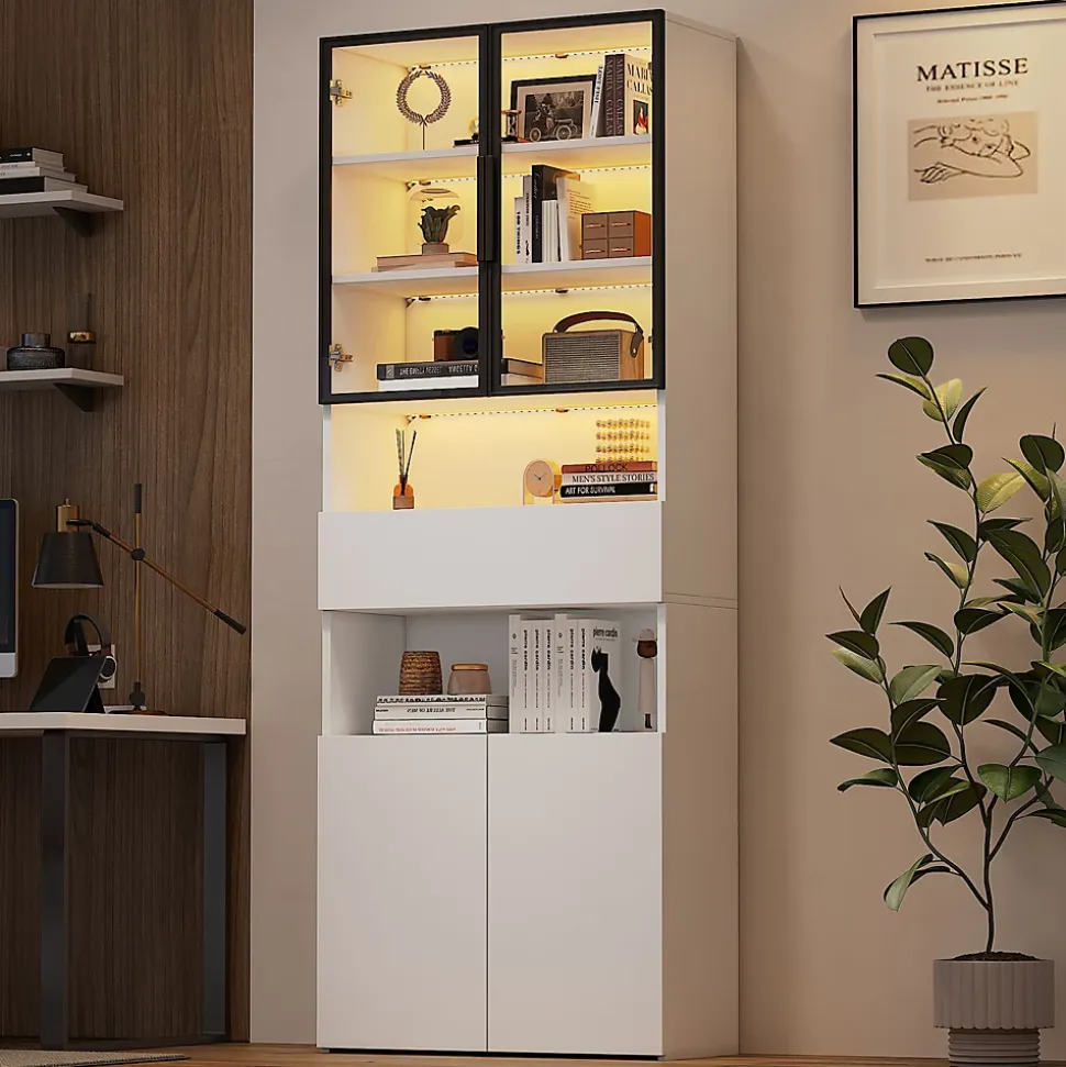 Vitrine Moderne LED avec Tiroir et 2 Armoires, Bibliothèque et Plateformes Ouvertes, 70x30x200 cm, Blanc