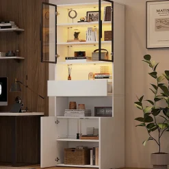 Vitrine Moderne LED avec Tiroir et 2 Armoires, Bibliothèque et Plateformes Ouvertes, 70x30x200 cm, Blanc