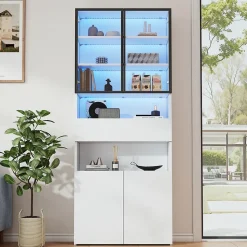 Vitrine Moderne LED avec Tiroir et 2 Armoires, Bibliothèque et Plateformes Ouvertes, 70x30x200 cm, Blanc