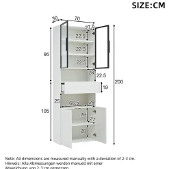 Vitrine Moderne LED avec Tiroir et 2 Armoires, Bibliothèque et Plateformes Ouvertes, 70x30x200 cm, Blanc