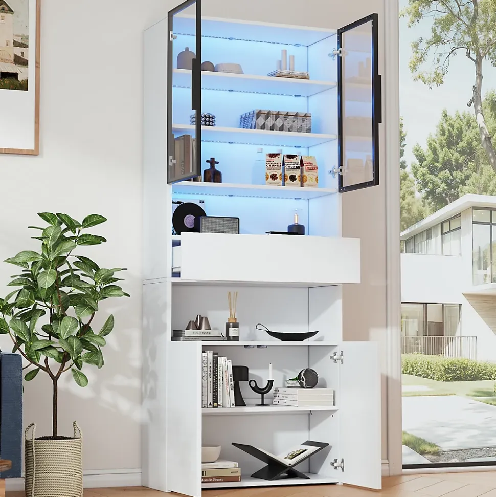 Vitrine Moderne LED avec Tiroir et 2 Armoires, Bibliothèque et Plateformes Ouvertes, 70x30x200 cm, Blanc