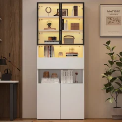 Vitrine Moderne LED avec Tiroir et 2 Armoires, Bibliothèque et Plateformes Ouvertes, 70x30x200 cm, Blanc