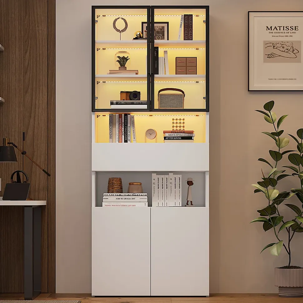 Vitrine Moderne LED avec Tiroir et 2 Armoires, Bibliothèque et Plateformes Ouvertes, 70x30x200 cm, Blanc