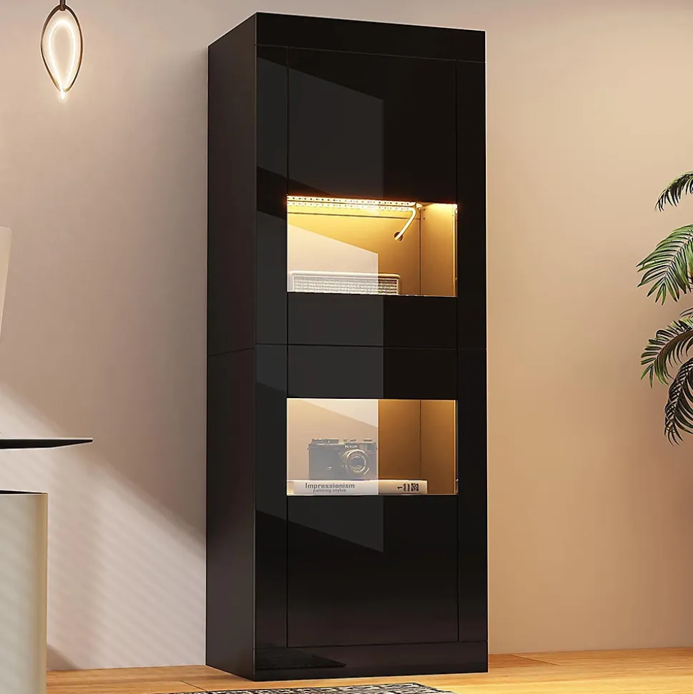 Vitrine noire brillante avec éclairage LED, 61x42x162cm, noire, 1 tablette en verre