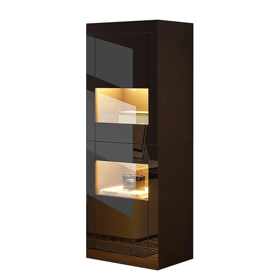 Vitrine noire brillante avec éclairage LED, 61x42x162cm, noire, 1 tablette en verre