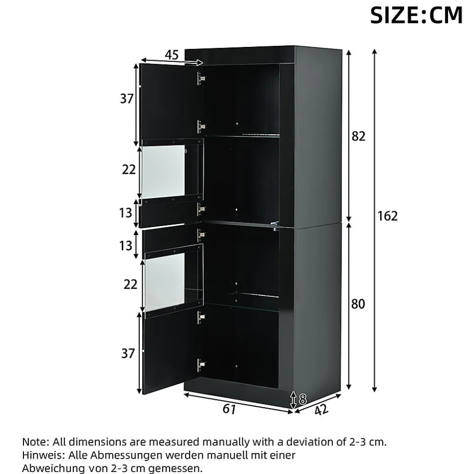 Vitrine noire brillante avec éclairage LED, 61x42x162cm, noire, 1 tablette en verre