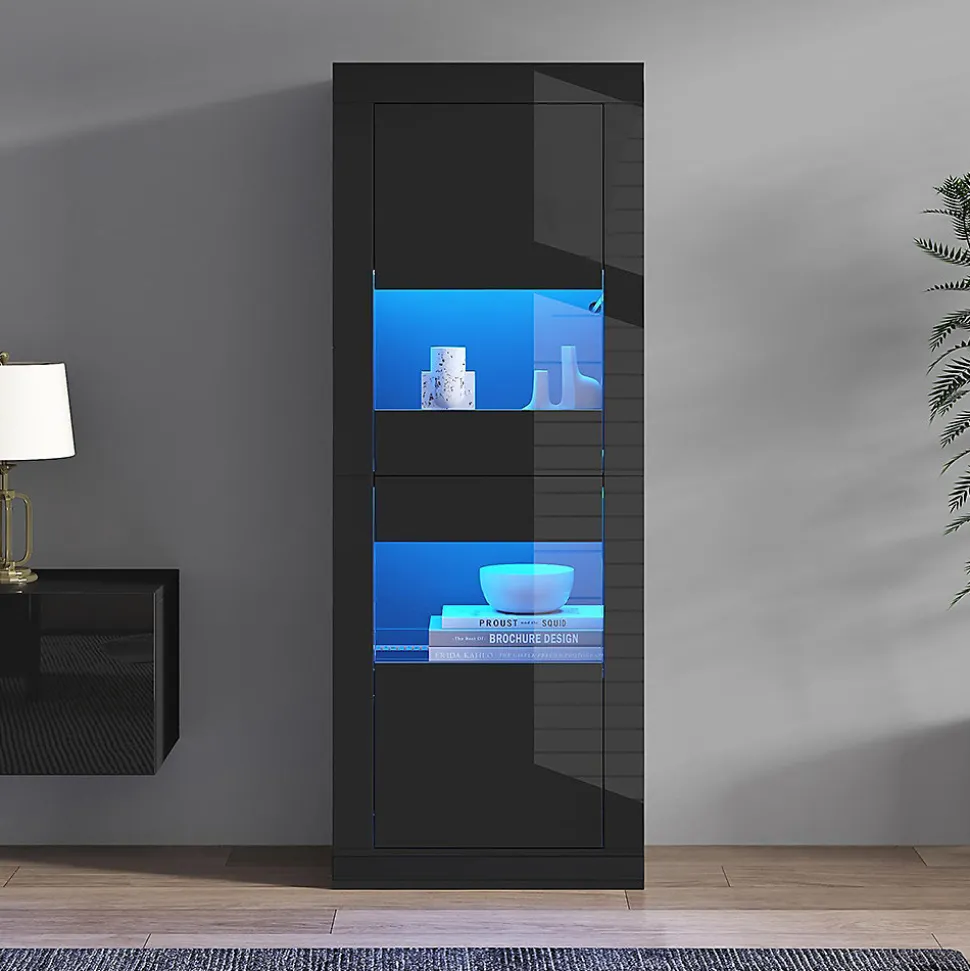 Vitrine noire brillante avec éclairage LED, 61x42x162cm, noire, 1 tablette en verre