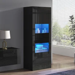 Vitrine noire brillante avec éclairage LED, 61x42x162cm, noire, 1 tablette en verre