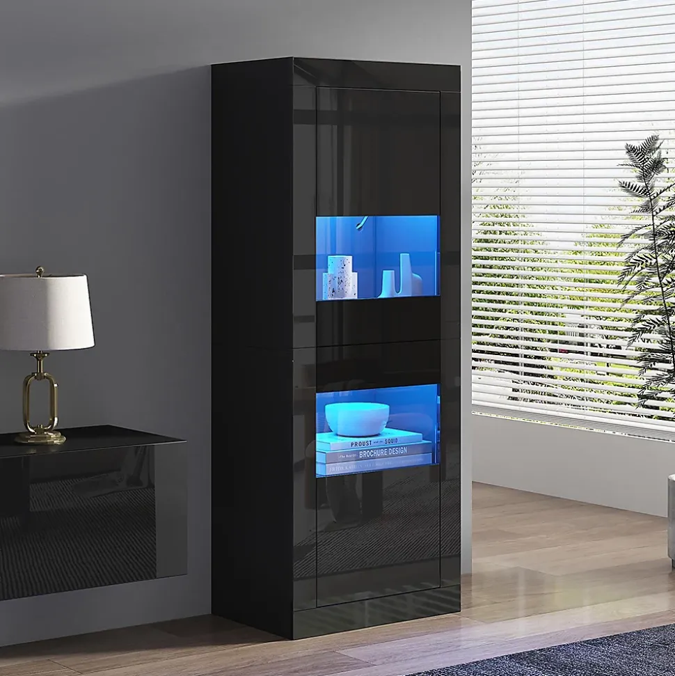 Vitrine noire brillante avec éclairage LED, 61x42x162cm, noire, 1 tablette en verre