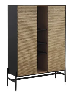 Vitrine plaquée en frêne noir avec portes en couleur naturelle