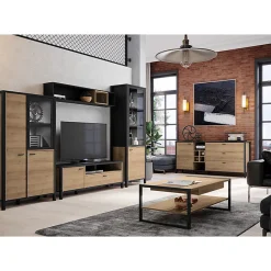 Vitrine réversible 194 cm 2 portes décor bois de chêne et noir - MODE