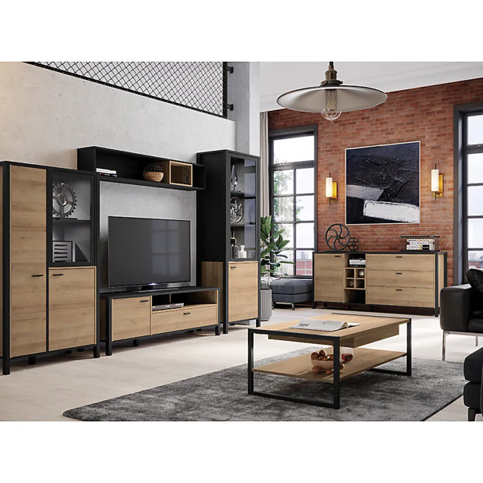Vitrine réversible 194 cm 2 portes décor bois de chêne et noir - MODE