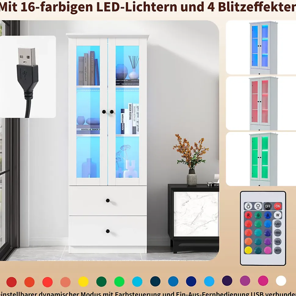Vitrine Salon avec LED 16 Couleurs et Port USB - Portes Battantes, Étagères Réglables, MDF+Verre, Blanc, 60x36x165 cm