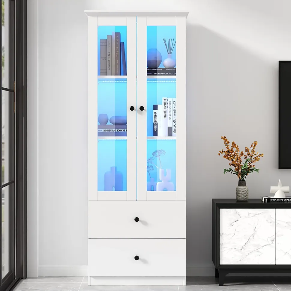 Vitrine Salon avec LED 16 Couleurs et Port USB - Portes Battantes, Étagères Réglables, MDF+Verre, Blanc, 60x36x165 cm
