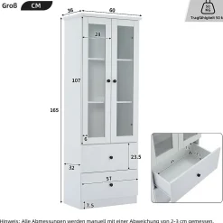Vitrine Salon avec LED 16 Couleurs et Port USB - Portes Battantes, Étagères Réglables, MDF+Verre, Blanc, 60x36x165 cm