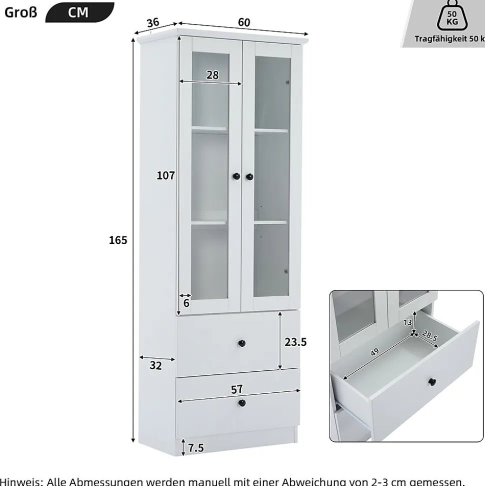 Vitrine Salon avec LED 16 Couleurs et Port USB - Portes Battantes, Étagères Réglables, MDF+Verre, Blanc, 60x36x165 cm