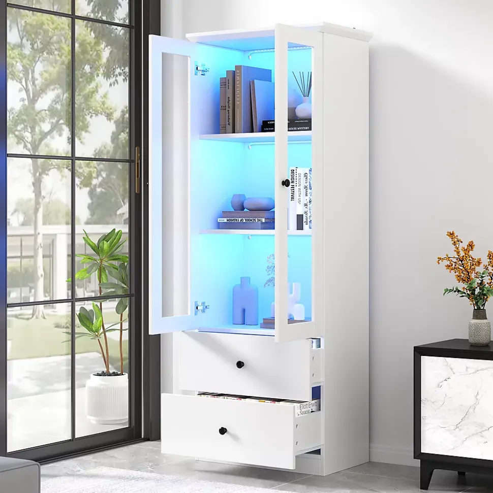 Vitrine Salon avec LED 16 Couleurs et Port USB - Portes Battantes, Étagères Réglables, MDF+Verre, Blanc, 60x36x165 cm