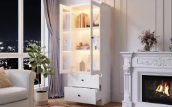 Vitrine Salon avec LED 16 Couleurs et Port USB - Portes Battantes, Étagères Réglables, MDF+Verre, Blanc, 60x36x165 cm