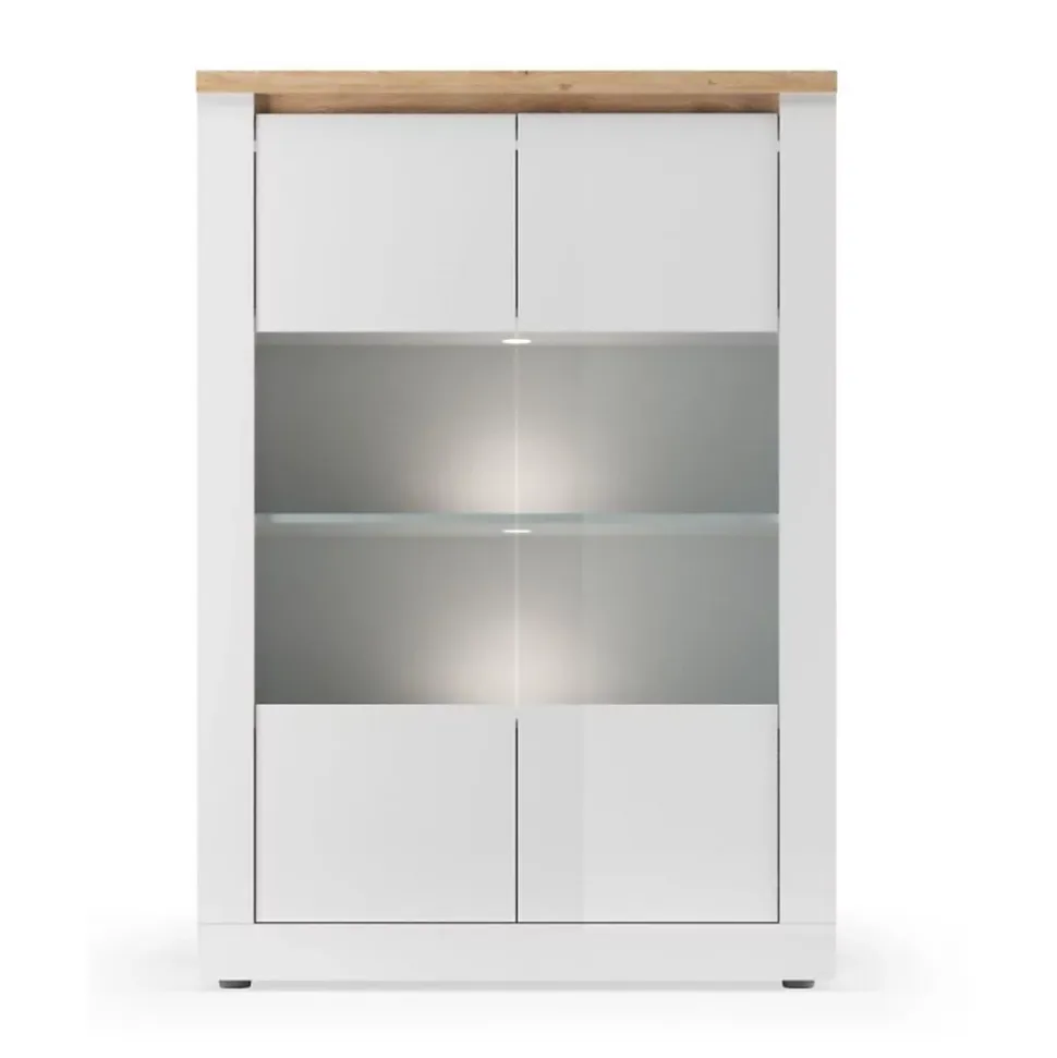 Vitrine SASHA 2 portes vitrées et3 étagères avec LED intégrée Blanc laqué et Chene Cadiz