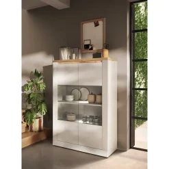 Vitrine SASHA 2 portes vitrées et3 étagères avec LED intégrée Blanc laqué et Chene Cadiz