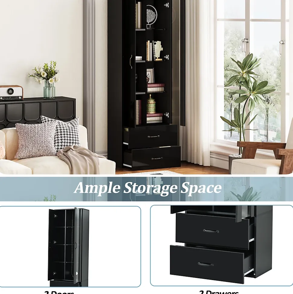 Vitrine sur Pied avec LED, Meuble de Salon à Rangement Fermé Anti-Poussière en Panneau de Particules - 59,5x35x182 cm - Noir
