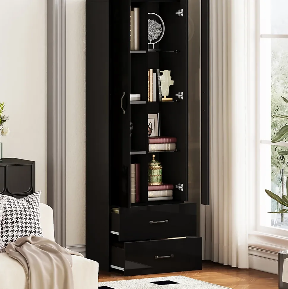 Vitrine sur Pied avec LED, Meuble de Salon à Rangement Fermé Anti-Poussière en Panneau de Particules - 59,5x35x182 cm - Noir