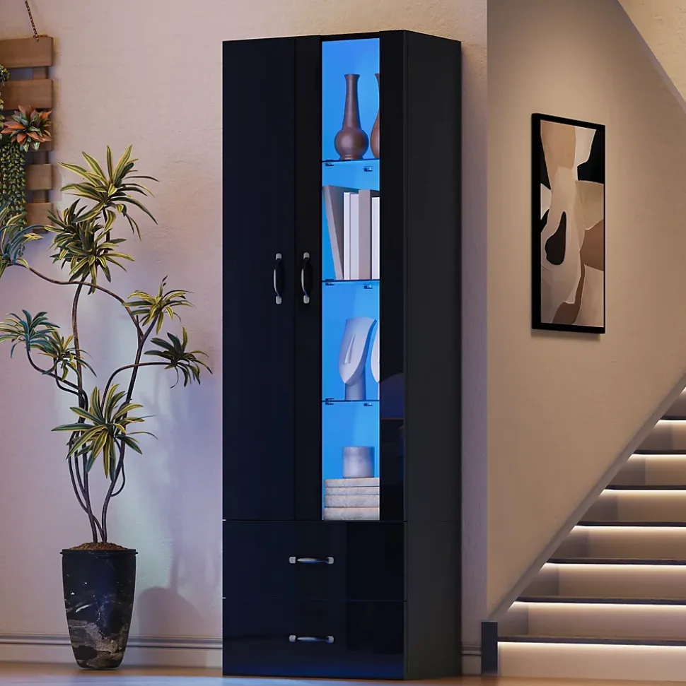 Vitrine sur Pied avec LED, Meuble de Salon à Rangement Fermé Anti-Poussière en Panneau de Particules - 59,5x35x182 cm - Noir