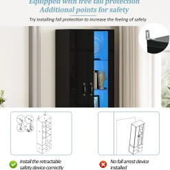 Vitrine sur Pied avec LED, Meuble de Salon à Rangement Fermé Anti-Poussière en Panneau de Particules - 59,5x35x182 cm - Noir