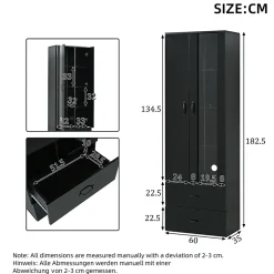 Vitrine sur Pied avec LED, Meuble de Salon à Rangement Fermé Anti-Poussière en Panneau de Particules - 59,5x35x182 cm - Noir