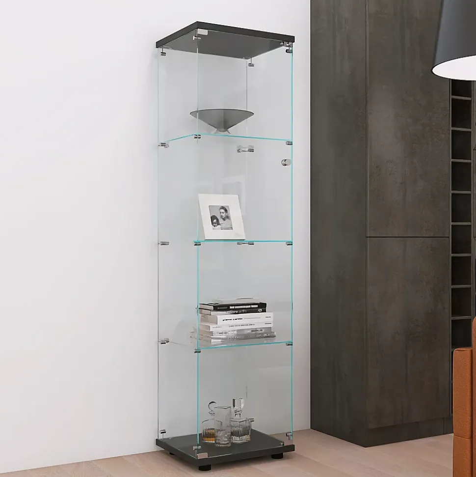 Vitrine sur pied en verre, 4 couches, 1 porte, 42x36x164cm, pour salon, chambre à coucher, bureau, Noir