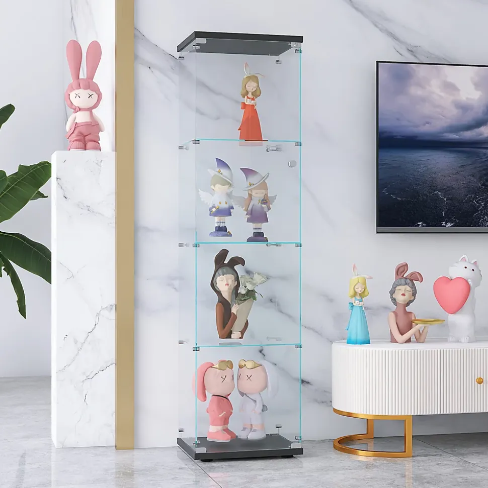 Vitrine sur pied en verre, 4 couches, 1 porte, 42x36x164cm, pour salon, chambre à coucher, bureau, Noir
