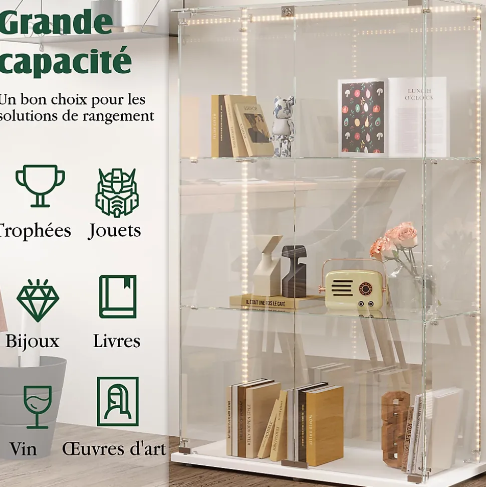 Vitrine sur Pied en Verre, Collection, 3 Couches, 2 Portes, LED, 78.5x36x123 cm, Salon, Chambre, Bureau, Blanc