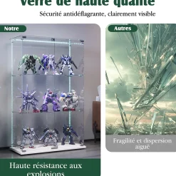 Vitrine sur Pied en Verre, Collection, 3 Couches, 2 Portes, LED, 78.5x36x123 cm, Salon, Chambre, Bureau, Blanc